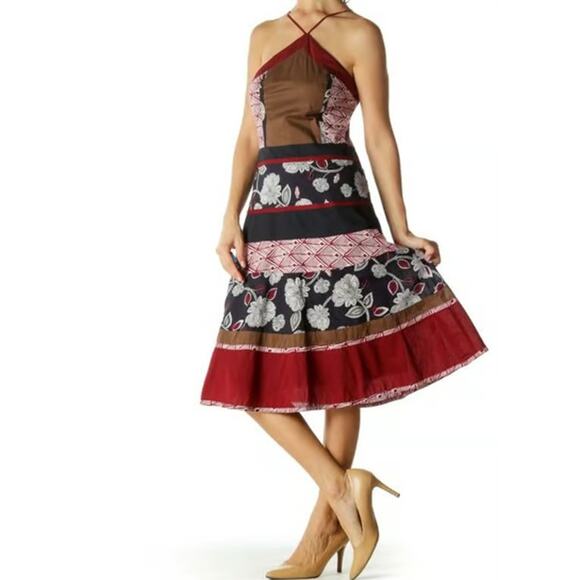 BCBGMaxAzria Patchwork Floral Halter Midi Dress Red - Picture 3 of 11